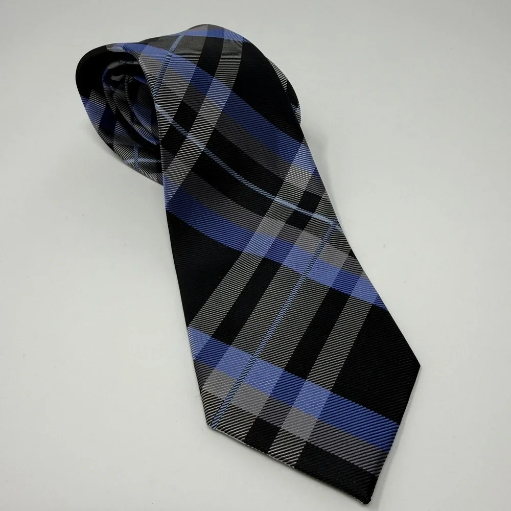 Van Heusen Mens Silk Tie Black Blue Grey Plaid Stain Shield Classic Necktie